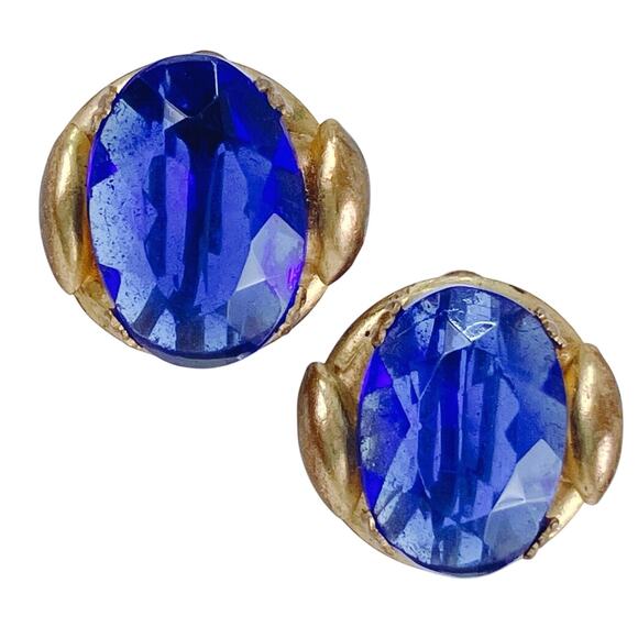 VTG 40s 50s Mid Century Gold Tone Screw Back Earrings Cobalt Blue Glass - Picture 13 of 16